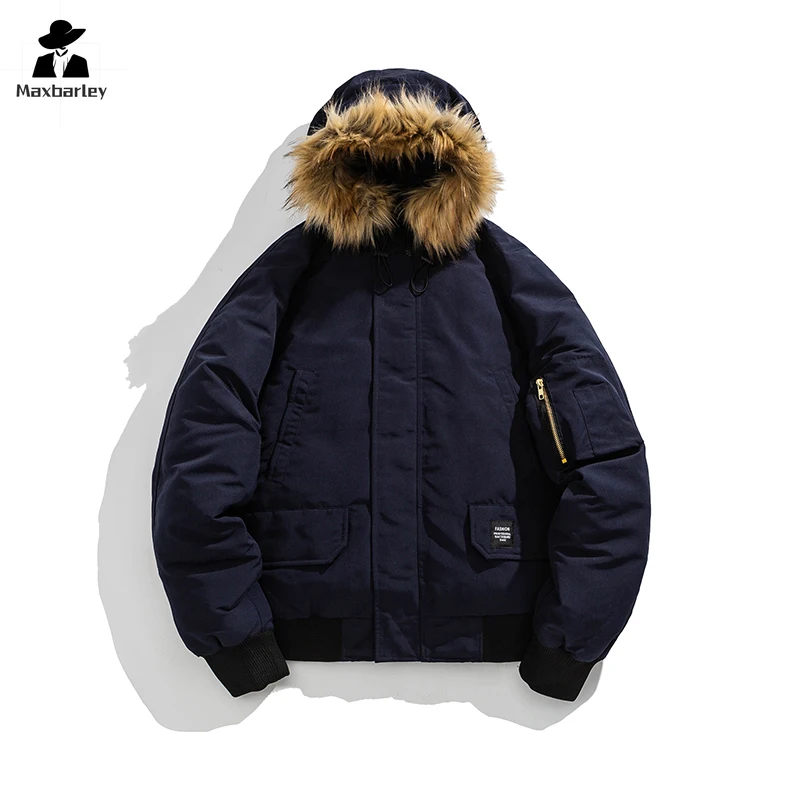 Winter Cotton Jacket Men's Casual Retro Large Fur Collar Padded Warm Loose Parkas Women Solid Color Zipper Windproof Hooded Coat