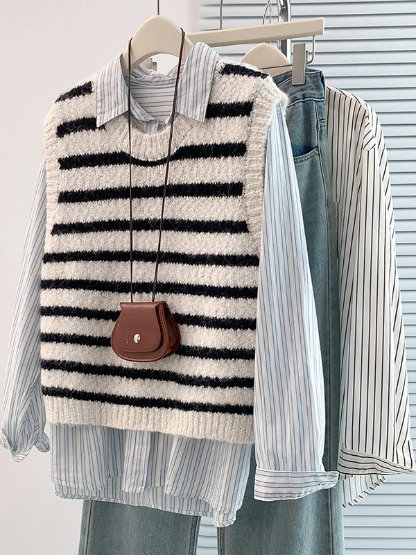 

Женский вязаный шерстяной жилет, топ, круглая верхняя одежда в полоску, корейский свободный крой, модная многослойная майка