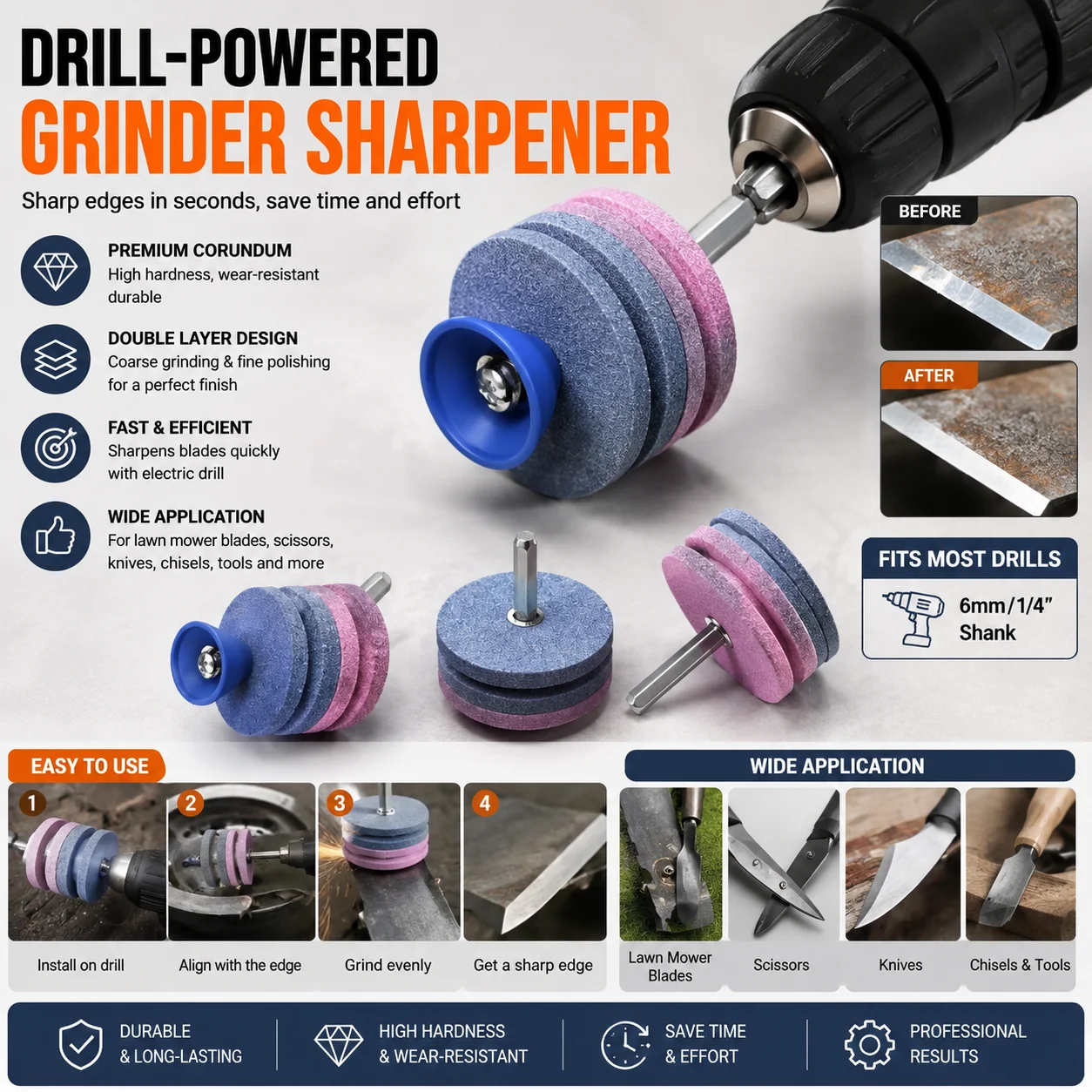 Universal Lawn Mower Blade Sharpener Drill Attachment Double Layer Grinding Wheel Sharpening Tool