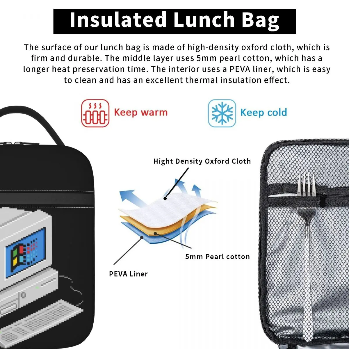 Windows Vaporwave Insulated Lunch Bag for Women Children Portable Food Boxes Thermal Lunch Box Tote