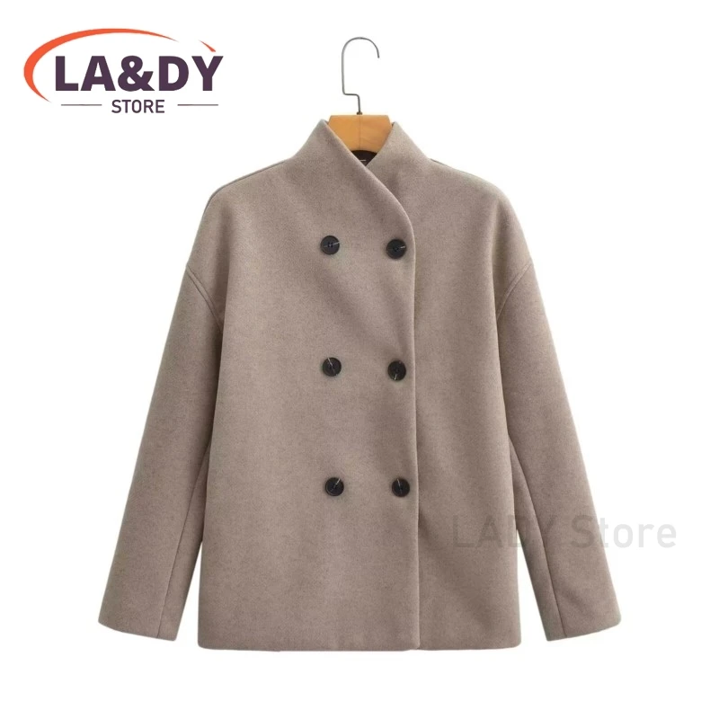 2024 Women Fashion Loose Stand Collar Double Breasted Woolen Coat Female Solid Color Casual Long Sleeve Outerwear