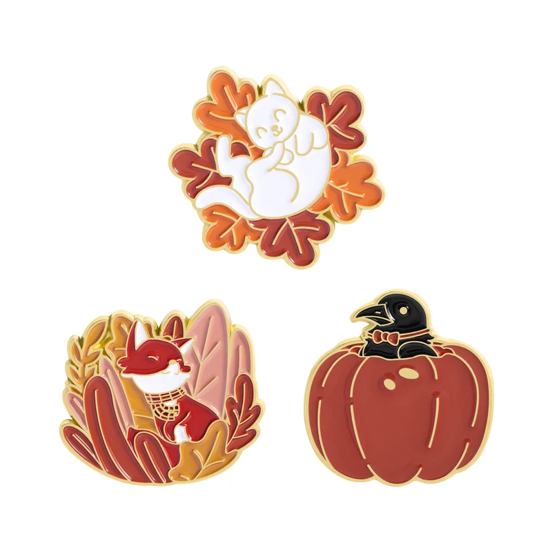 

Cartoon Thanksgiving Animals Enamel Pins Cute Cat Fox Lying On Maple Leaves Brooches Backpack Lapel Badge Jewelry Friends Gift