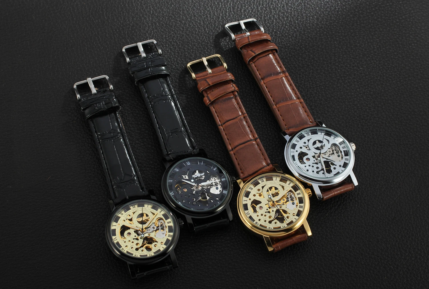 Transparent Golden Case Luxury Casual Design Brown Leather Strap Mens Watches Top Brand Mechanical Hand Wind Skeleton Watch