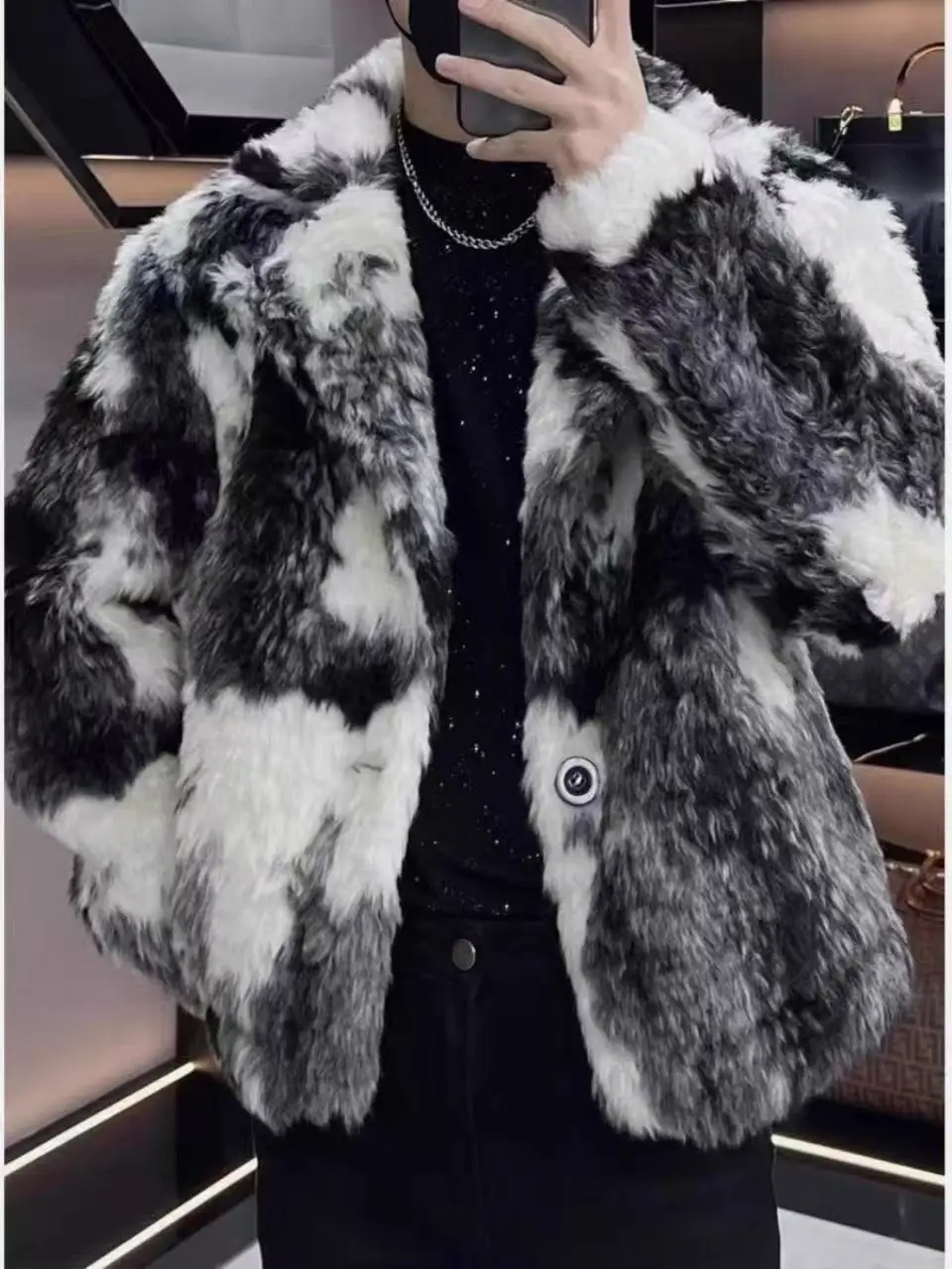 2025 New Winter Thicken Tops Men's Artificial Fox Plush Fur Light Luxury Street Fashion Coat Male Suit collar Fur Overcoat