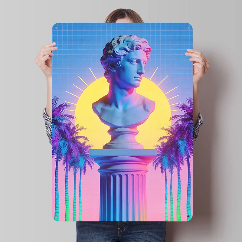 Vaporwave Bust With Palm Trees Printing Poster Customized Retro Wall Art Vintage Metal Signs for Mancave Decoration Room House