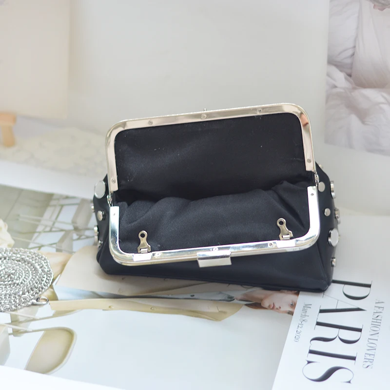 Hot Selling Luxury Trendy Black PU Shoulder Crossbody Bag Irregular Stud Chain Small Bling Hand Bags for Women