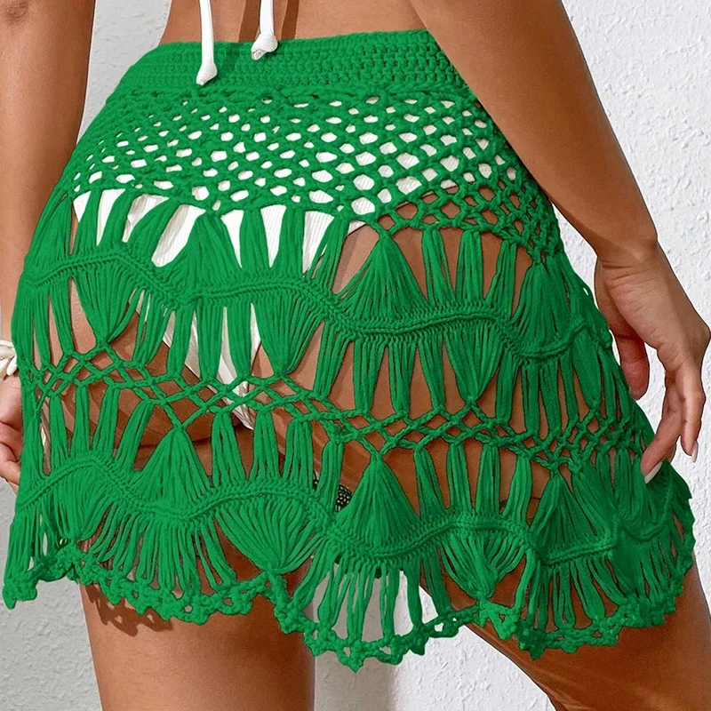 BWQ Handmade Crochet Hollow Out Swimwear Cover Up Solid Color Drawstring Short Skirt Women Holiday Knitting Sweet Beachwear