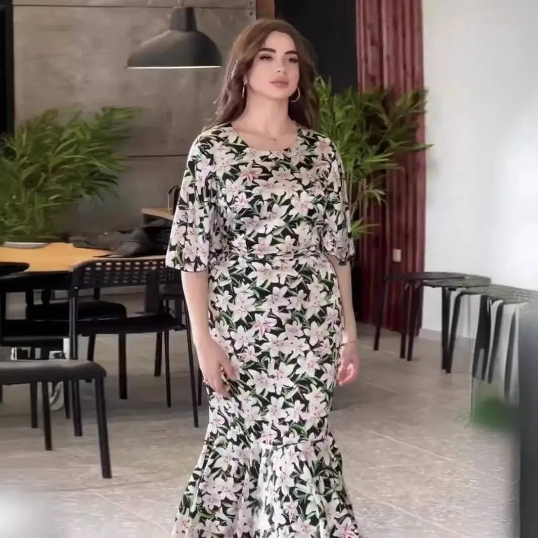 

2026 Spring New Printed Waist Cinching Slimming Exotic Style Long Sleeved Mid Length Dress for Women Dubai Luxury Islam Elegant