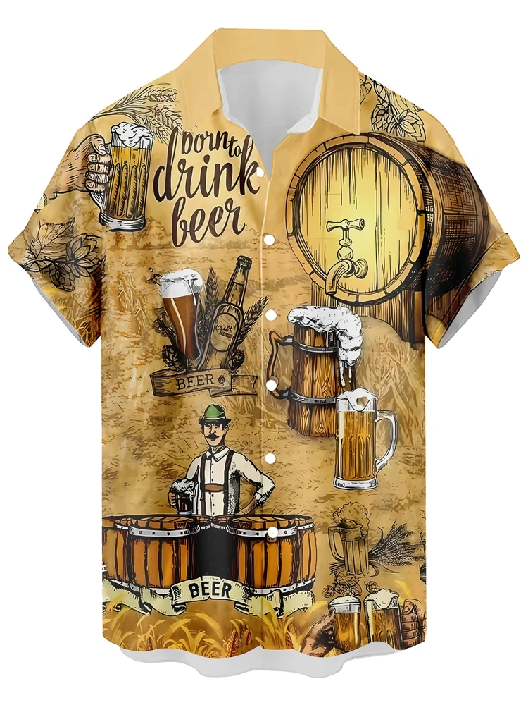 

Summer New Men's Button Shirt Short-sleeved Lapel Wine Barrel Print T-shirt Comfortable, Breathable And Fashionable Clothing