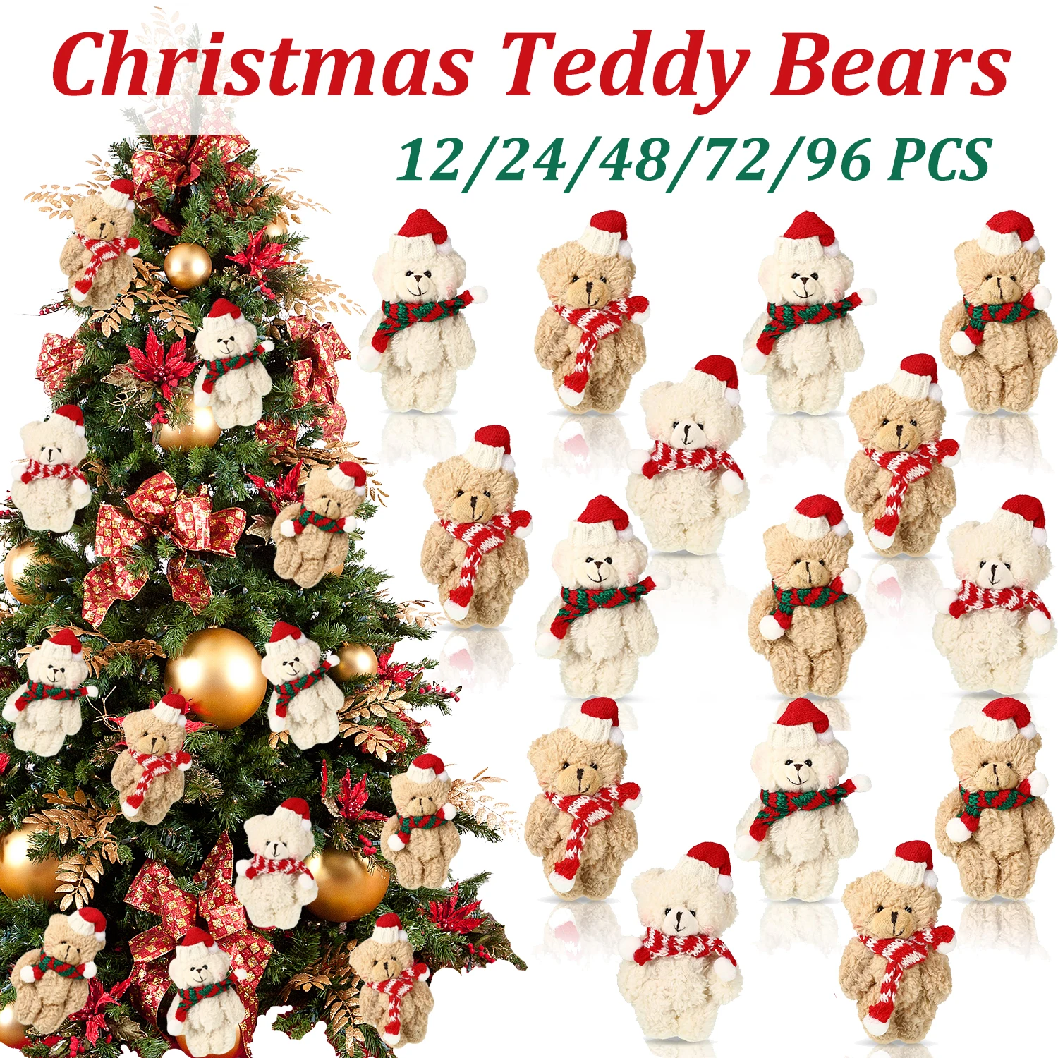 48-12Pcs Christmas Mini Teddy Bears Bulk Xmas Bear Plush Dolls Stuffed Animal Toy Tiny Soft Bear Doll Christmas Tree Decorations