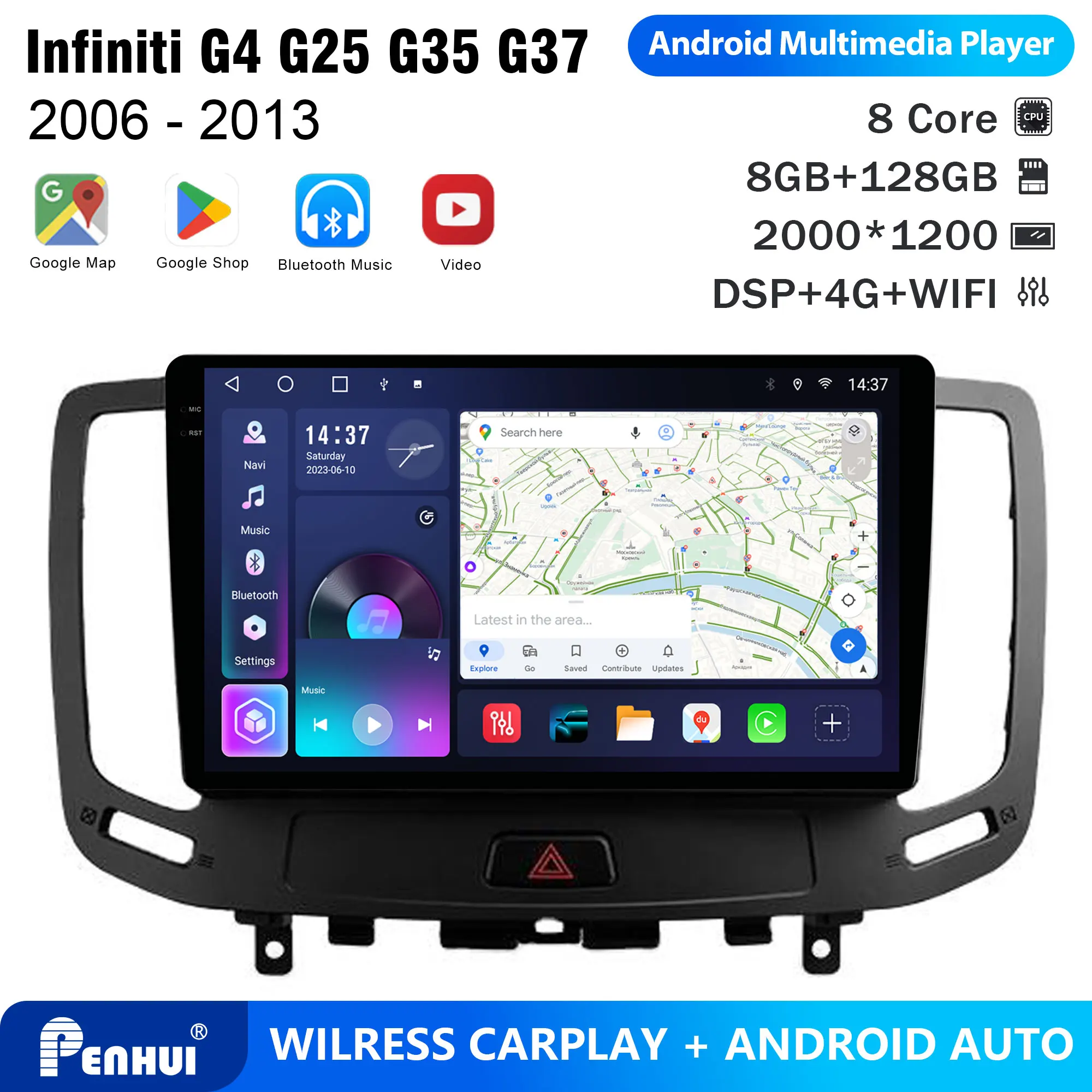 Penhui Android Car DVD Player 2 Din for Infiniti G4 G25 G35 G37 2006-2013 Multimedia Screen with DSP, Bluetooth, Audio & CarPlay