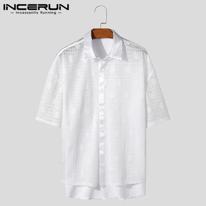 INCERUN Men Shirt Mesh Patchwork Transparent Sexy Lapel Short Sleeve Men Clothing Streetwear Summer 2024 Fashion Casual Camisas