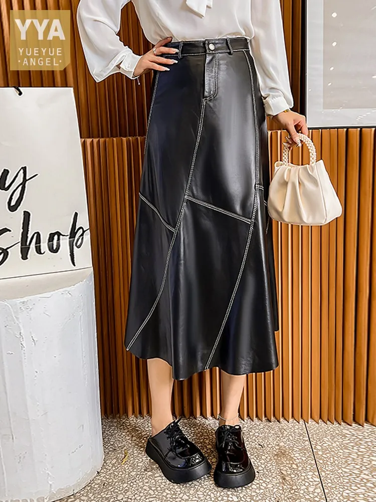 

Vintage Women A Line Mid Calf Long Skirt High Waist Loose Fit 100% Sheepskin Genuine Leather Skirt Autumn Sewing Casual Skirts