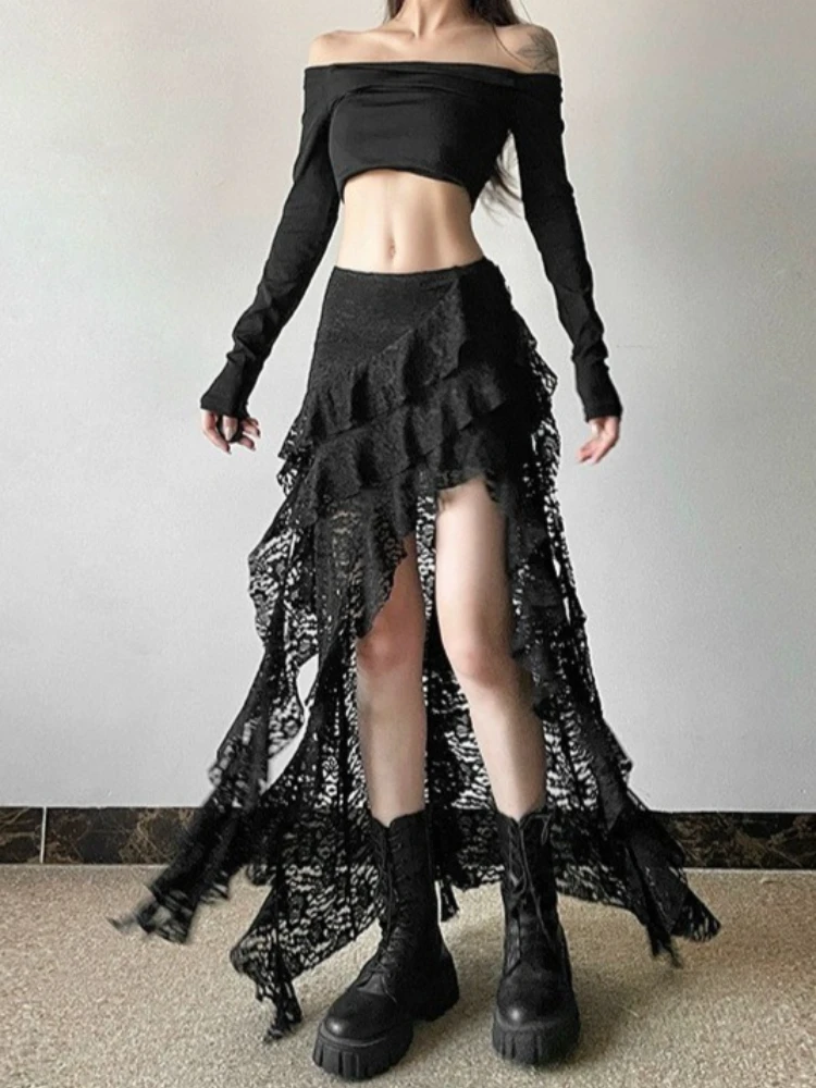 Y2k Aesthetic Women Irregular Ruffled Skirt Summer Lace Embroider Flower Faldas Streetwear See Through Vintage Grunge Skirts