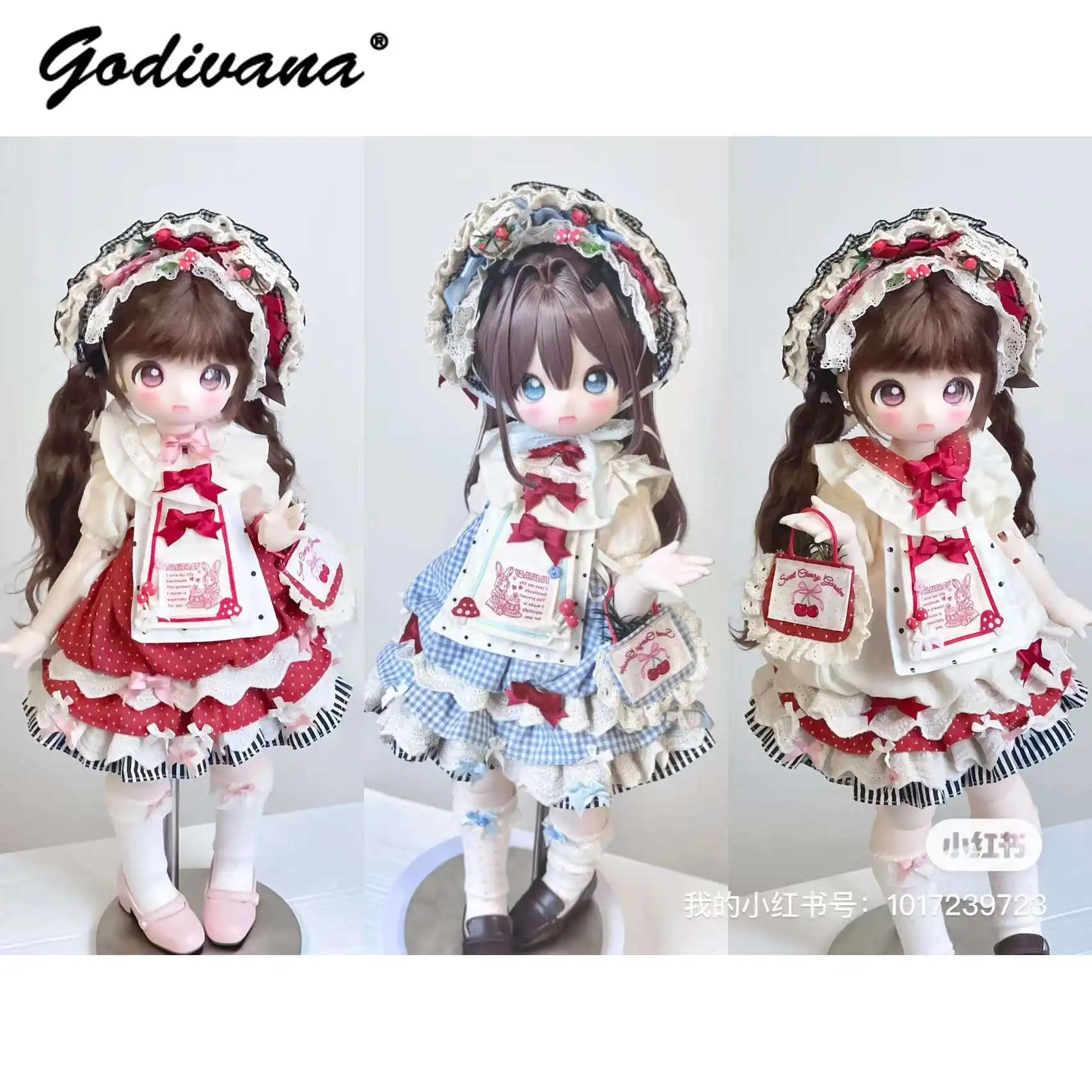 Retro Farm Lolita 1/4 1/6 BJD Doll Costume Lace Trim Doll Collar Polka Dot Gingham Layered Ruffle Dress Bonnet Hat Doll Dress‑up