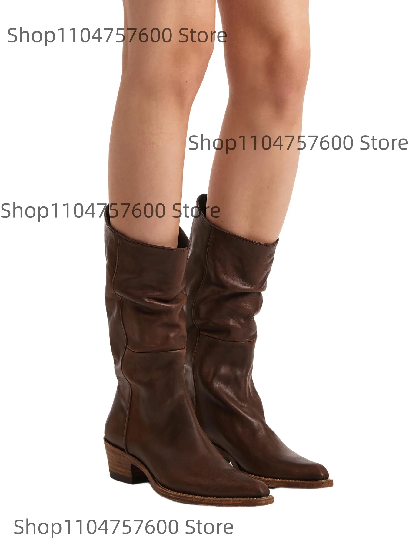 Botas de vaquero occidental de cuero para mujer, diseño holgado de media pantorrilla, puntiagudas, tacón de madera, Retro, sin cordones, para otoño, talla grande