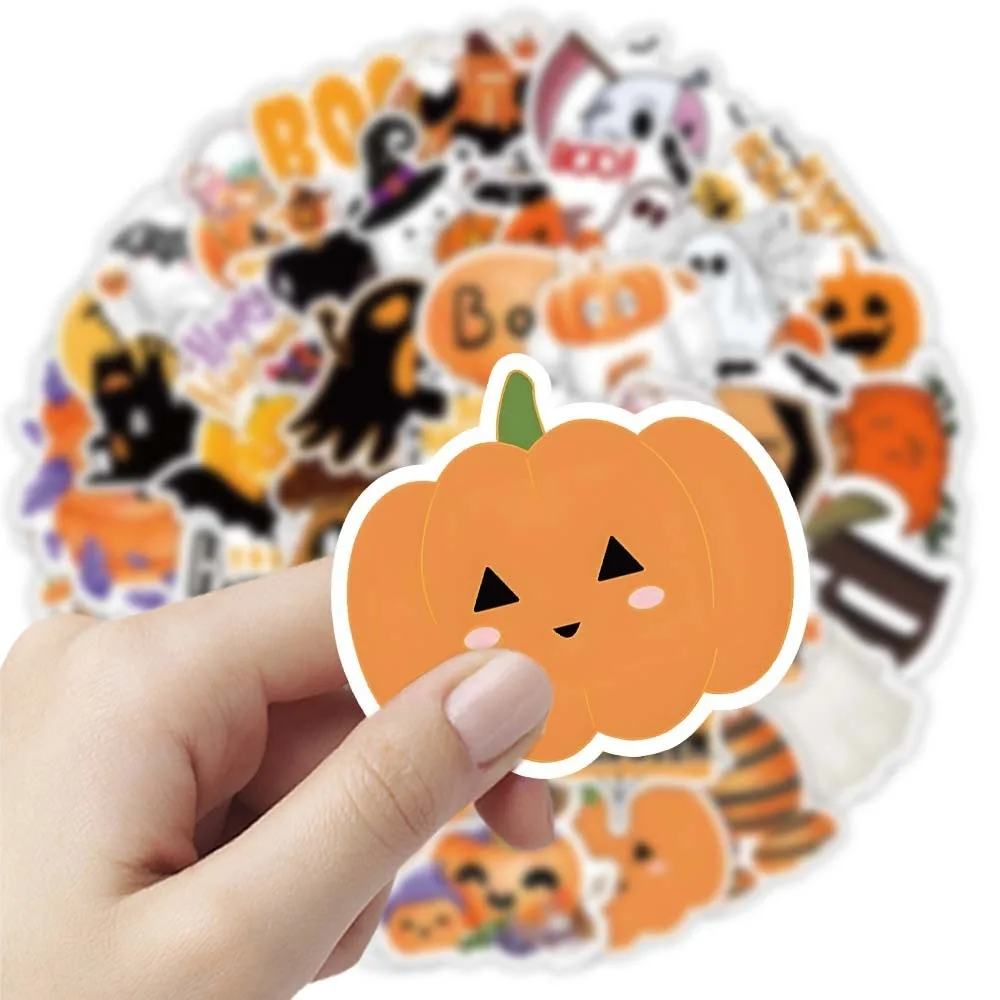 100PCS Halloween Series Stickers Cartoon Pumpkin Ghost Cute Graffiti Sticker Waterproof Pink Orange Decorative Sticker Toy