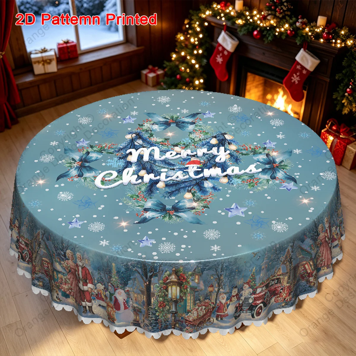 1 piece, Merry Christmas theme tablecloth, Christmas Eve town scenery pattern, red car, snowman, sleigh, snowflake pattern