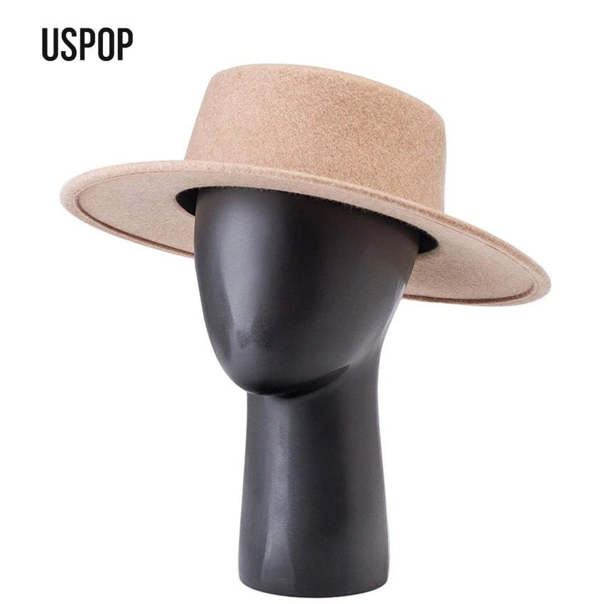 

USPOP Autumn Winter Wool Felt Flat Top Fedora Hat Women Solid Mixed Color Adjustable 57cm Outdoor Street Style