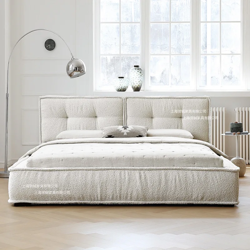 Light Toast Fabric Bed Modern Simple White Cream Bedroom Snowflake Fleece Floor Bed