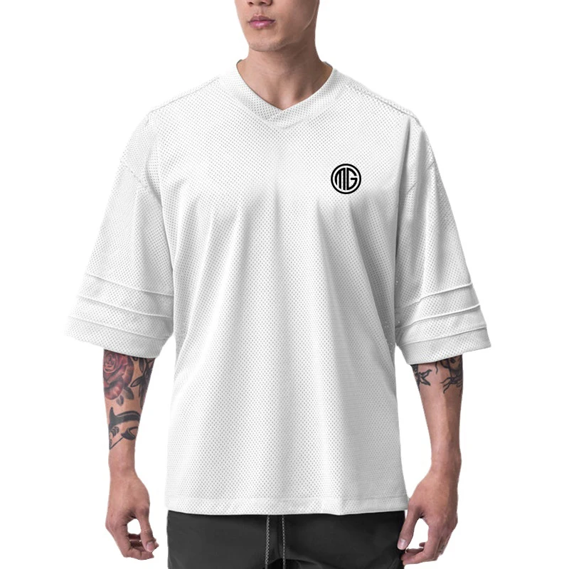 Oversized Mesh Dropped Shoulders Sports Half Sleeve T-shirts Gym Trainning Exercise Mens Bodybuilding Fitness Workout T Shirts 3