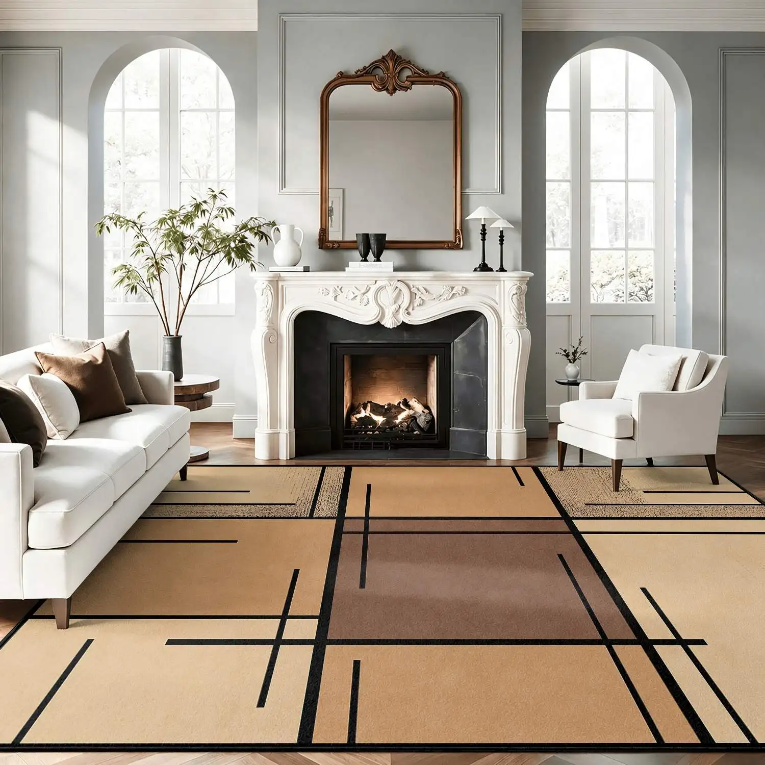 1Pc 2D Printed Brown-Beige Geometric Line Pattern Carpet, Nordic Modern Minimalist Instagram European Vintage Style, Multi-Size Machine Washable Home Decor Floor Mat for Entrance, Dining, Foyer, Living Room, Bedroom