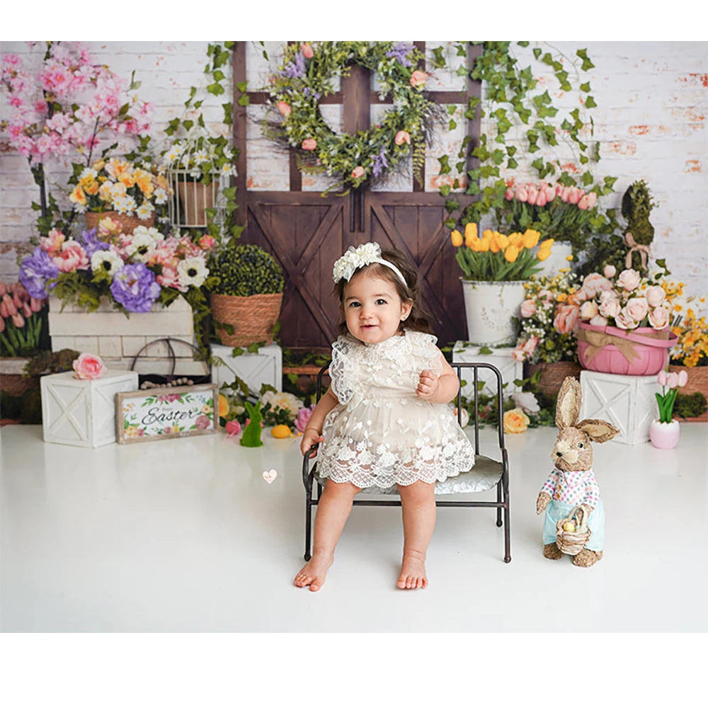 Spring Flowers Porch Photography Backdrop Vintage Brown Wooden Door Decor Background Kids Birthday Cake Smash Photo Studio Props