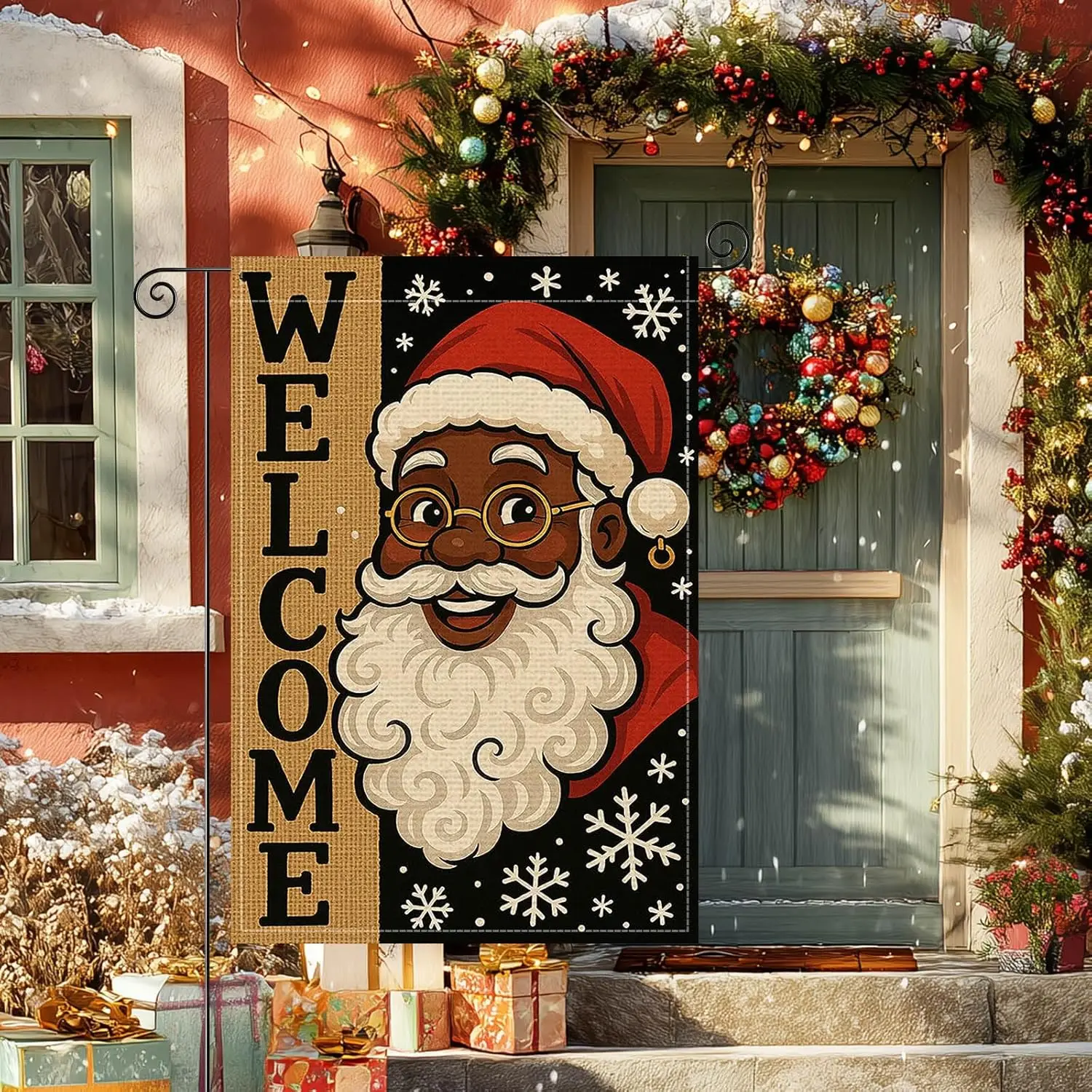 Welcome Garden Flag Double Sided Burlap Black Santa Claus Red Hat Glasses Snowflakes Holiday Winter Seasonal Outdoor Yard Ho hhz