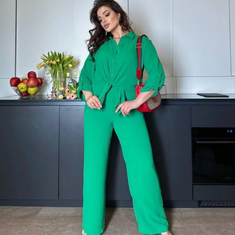 Pant Sets Casual 2 Piece Set Women 2025 Fashion Long Sleeve Solid Blouse Shirts And Wide Leg Pants New In Matching Sets Elegant