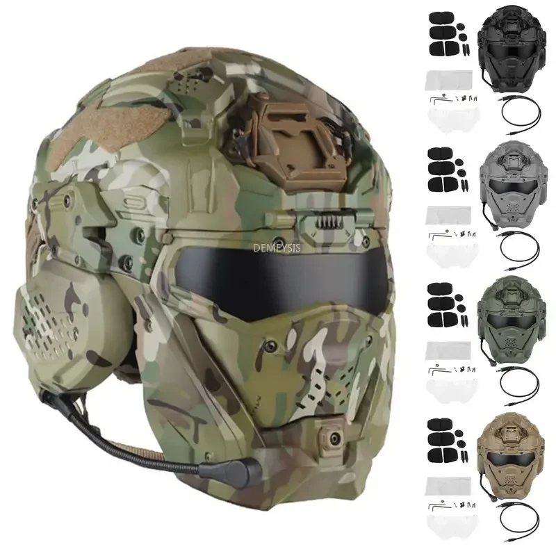 Full Covered Tactical Helmet with Communication Headset Anti-fog Mini Fan Paintball Shooting Protective Helmets 2 Lens