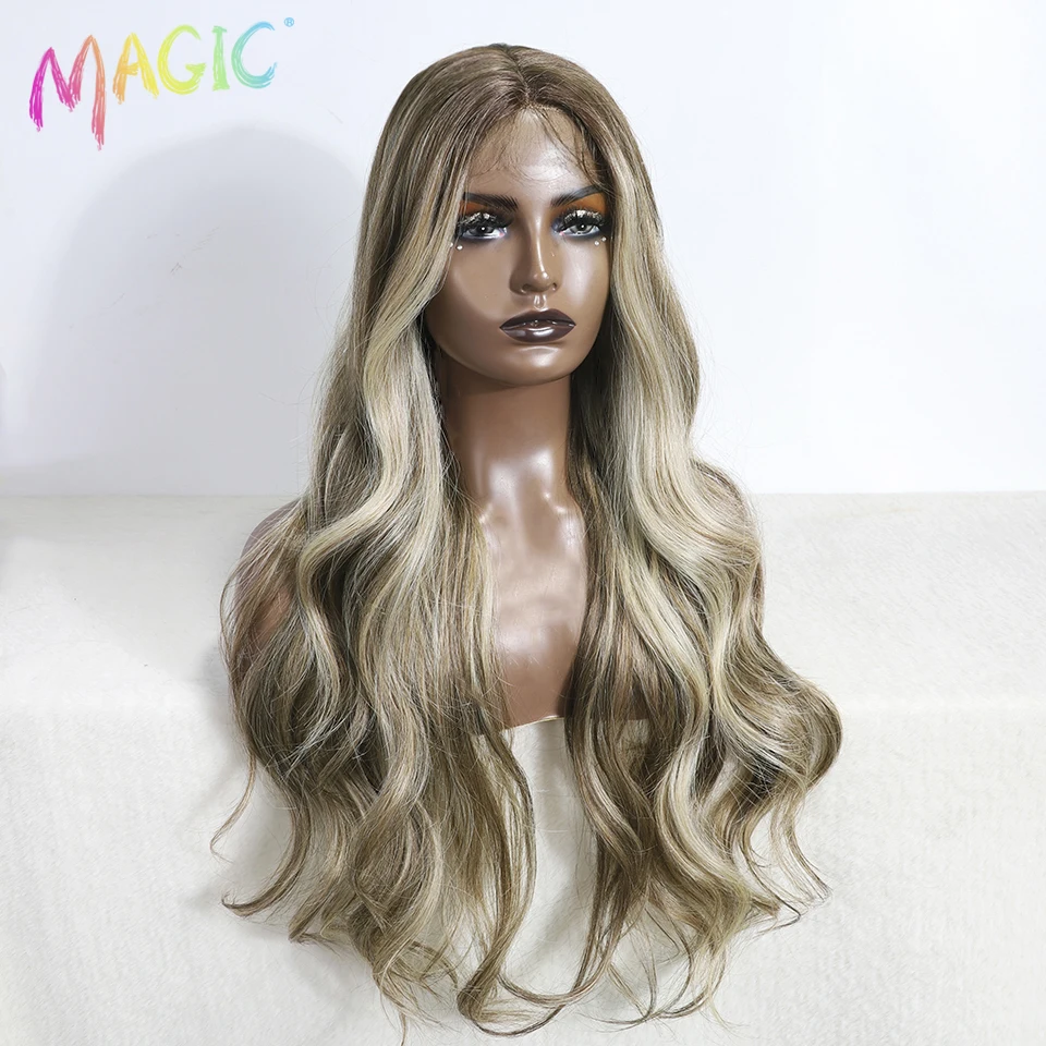 Magic Body Wavy Synthetic Lace Front Wigs For Black Women 30 inch Ombre Brown Higlight Lace Wig With Baby Hair Cosplay Wig