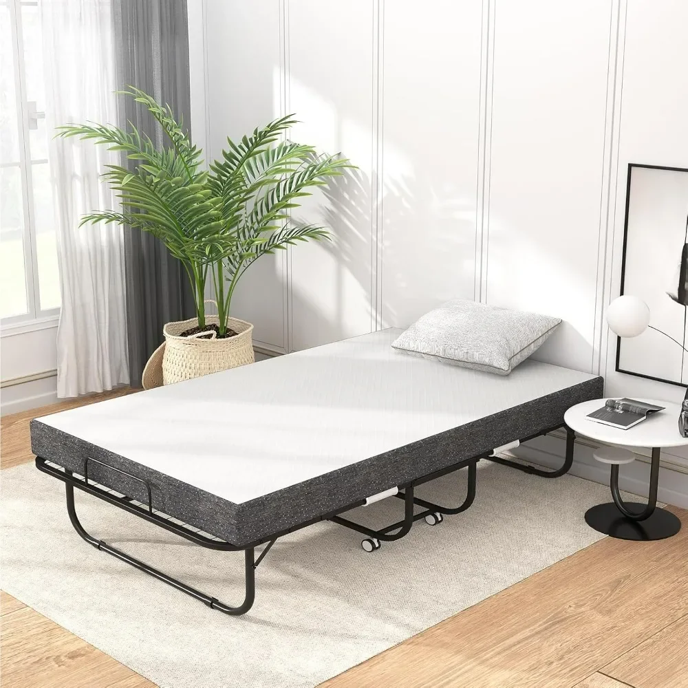 Folding bed with 5-inch comfortable memory foam mattress and super sturdy bedstead with wheels, easy to assemble