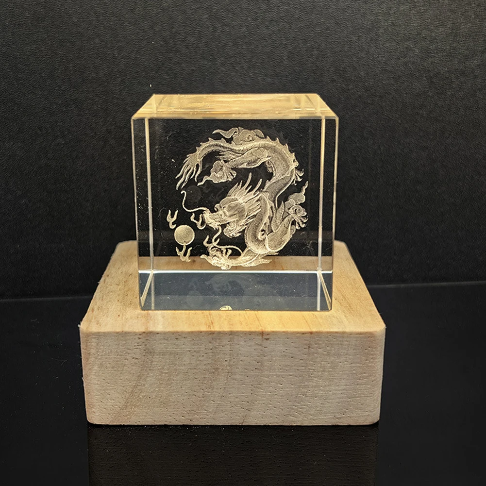 3D Laser Engraved Crystal Cube Ornament Clear K9 Glass Square Paperweight Dragon Whale Pattern Decorative Gift for Home Office