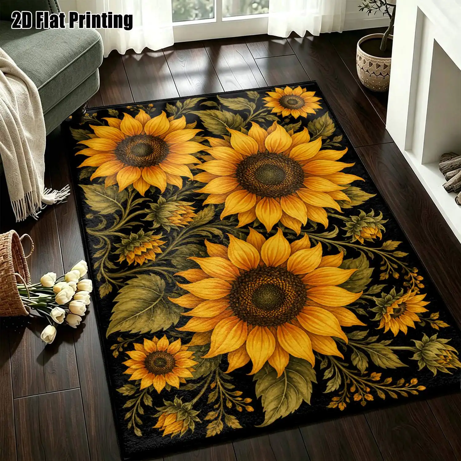 1Pc 2D Printed Sunflower Pattern Carpet Nordic/European/Vintage/Bohemian Style, Home Decor, Multi-Size, Machine Washable, Perfect for Entryway/Dining Room/Foyer/Bedroom/Living Room.
