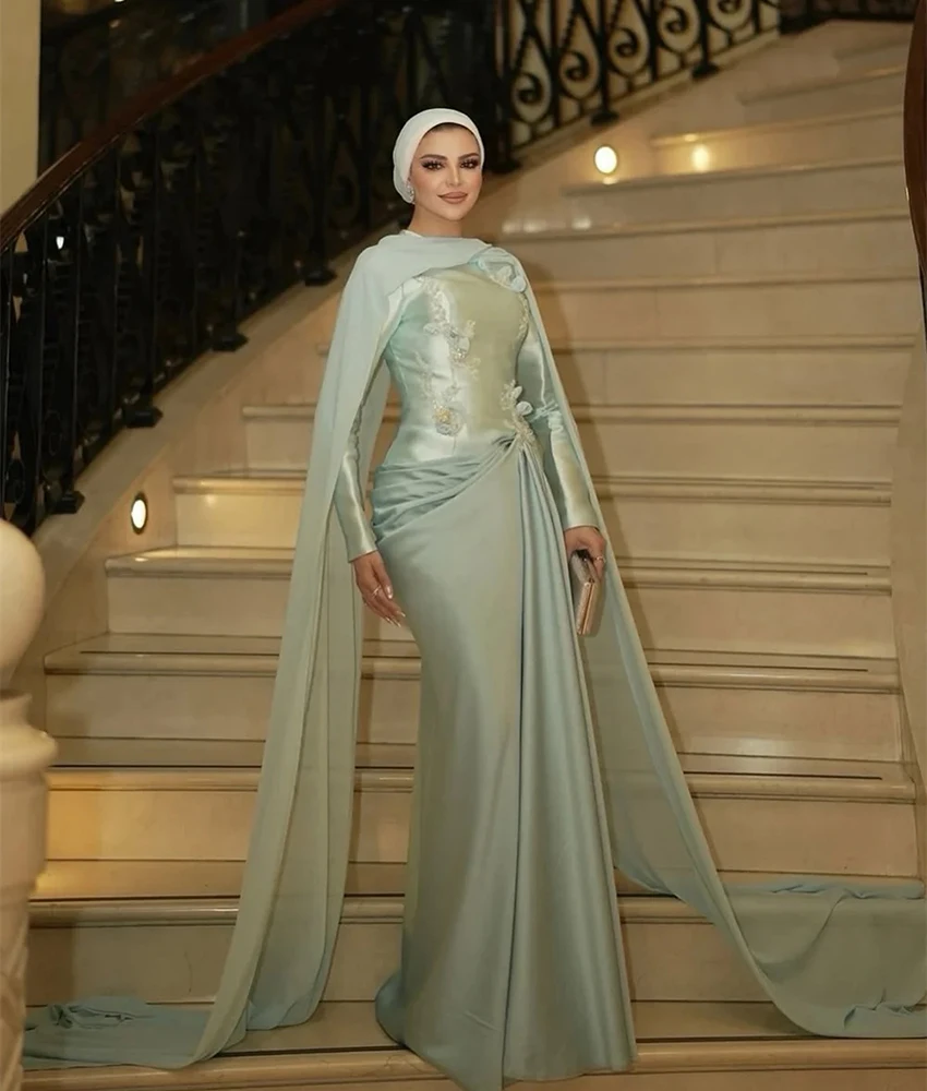 

Lzhk Customized Graceful Jersey Mermaid Beading Sequined 3D Flowers Evening Dress High Quality O-neck Long Sleeves Party Gowns