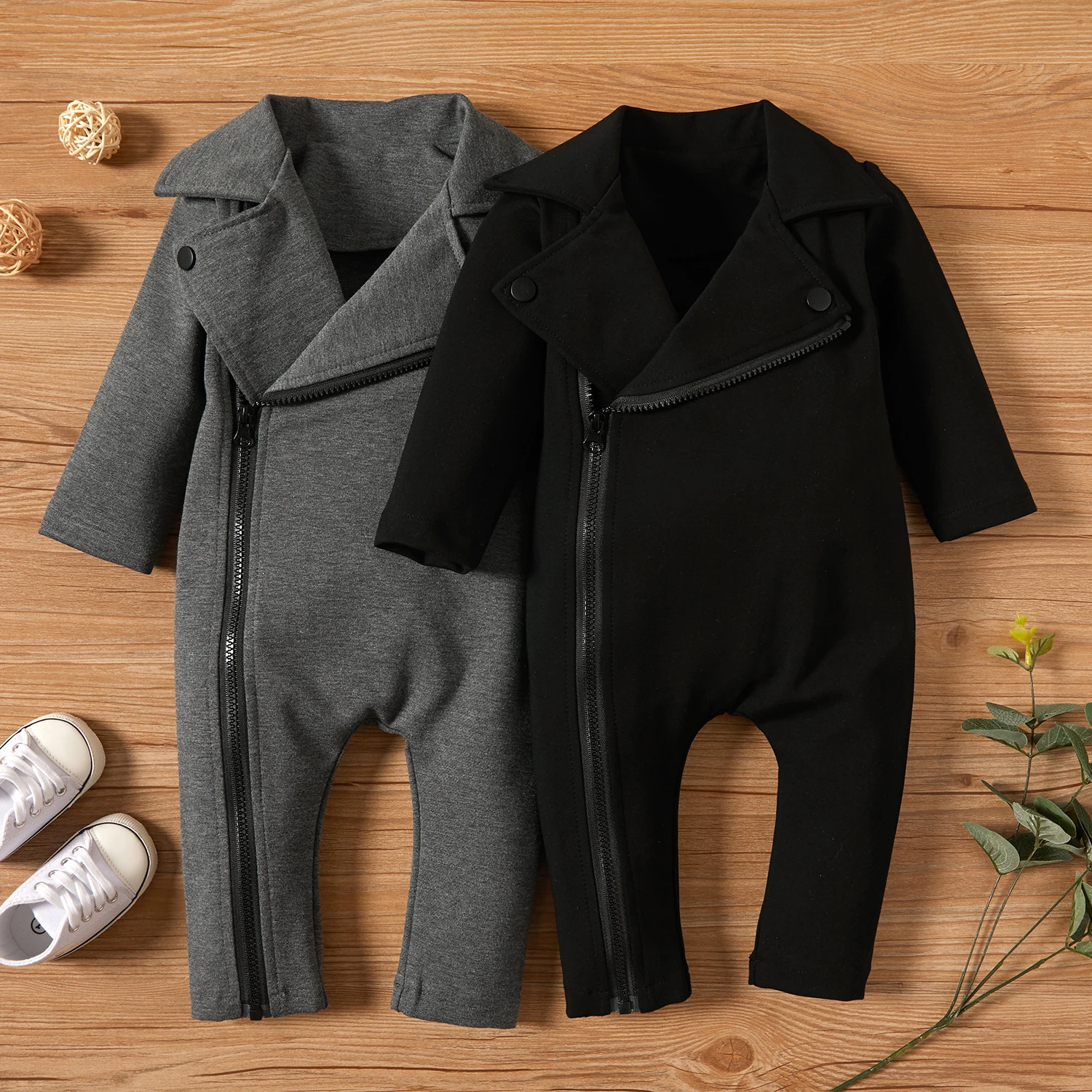 PatPat Solid Big Lapel Long-sleeve Baby Jumpsuit