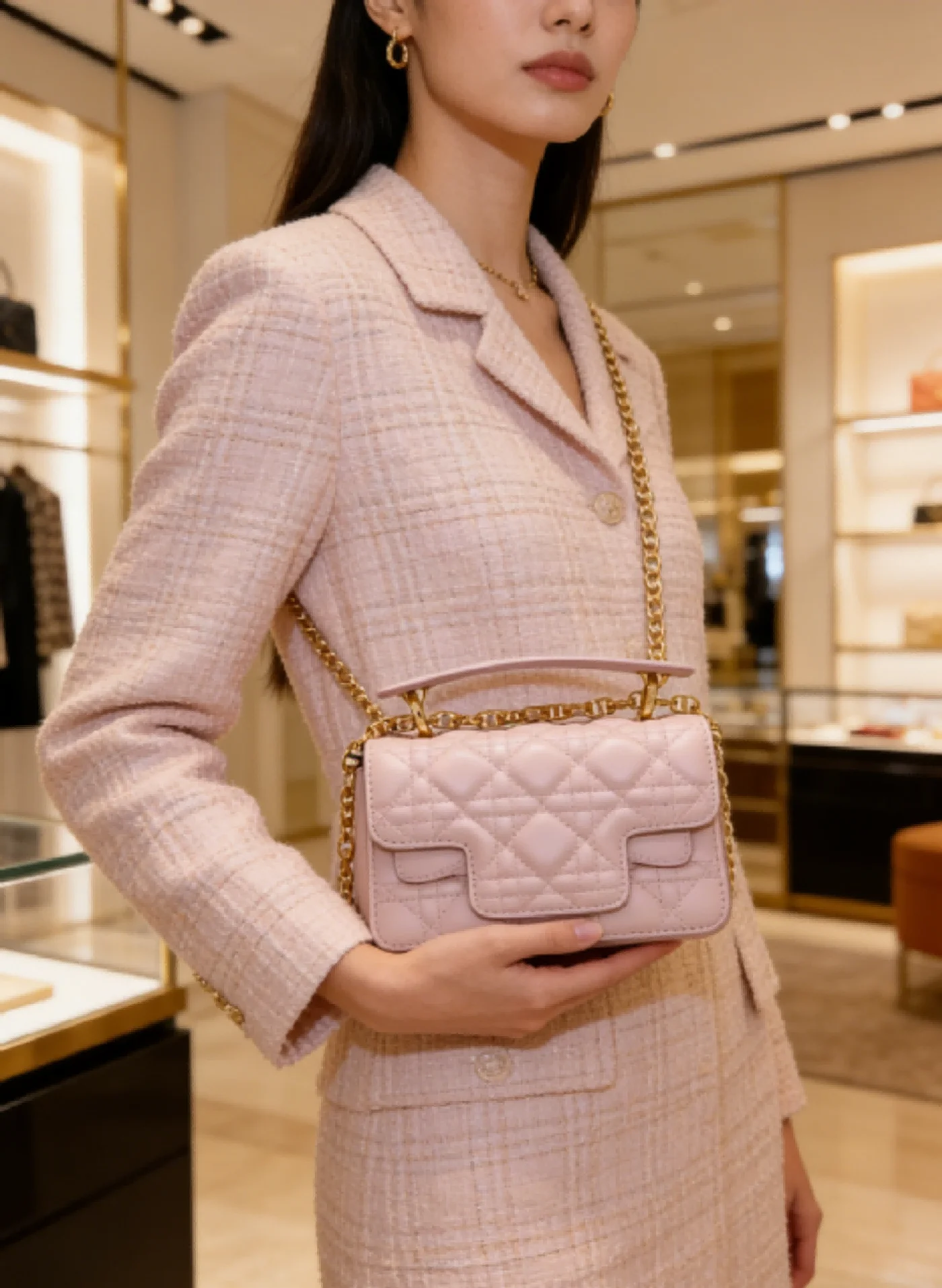 

Pastel Pink Quilted Sling Bag, Minimalist Chain Shoulder Purse, Chic Young Ladies’ Daily Handbag for Matching Office