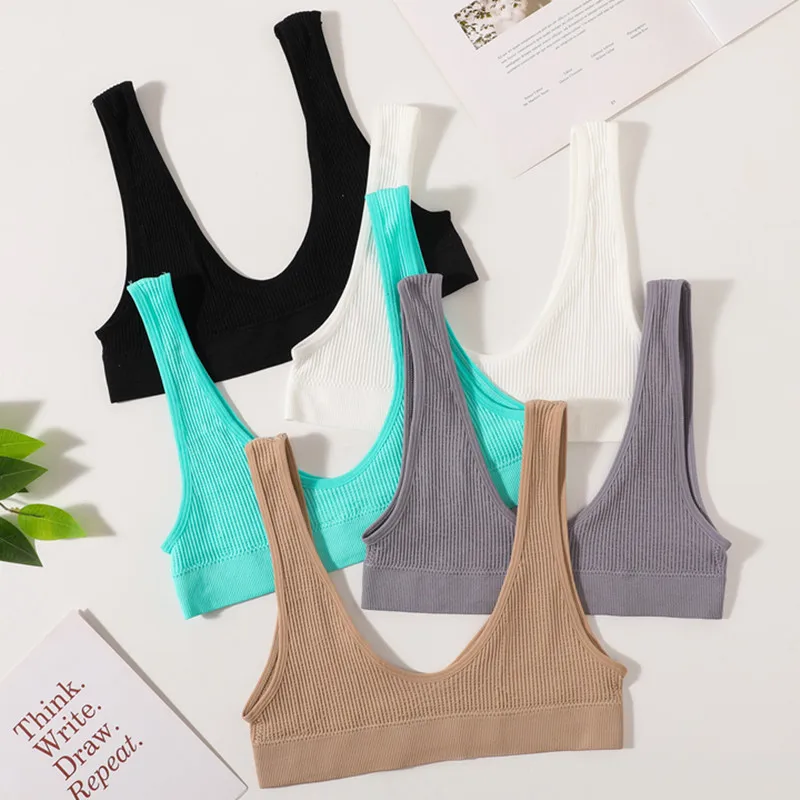 2PCS/Set Women Crop Top Sports Seamless Underwear Female Tube Tops Deep U Bralette Ribbed Sexy Lingerie Intimates 2PCS Tube Bras