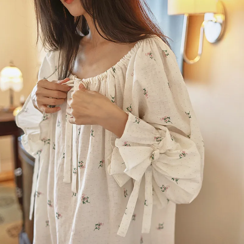 Women Sweet Printed Full Sleeves Nightdress French Sexy Loose Long Mid-Calf Nightgowns 100% Cotton Comfortable Sleepwear Nightie