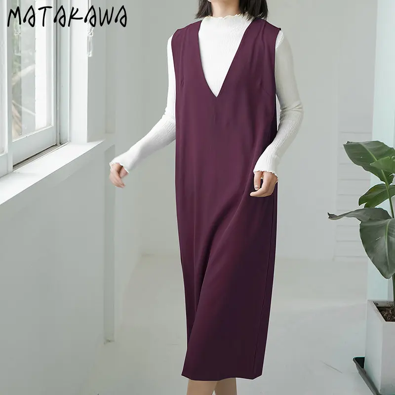 Matakawa Sleevless Women Dresses Solid V Neck Elegant Autumn Winter All Match Vestidos Japanese Style Vintage Loose Robe Femme