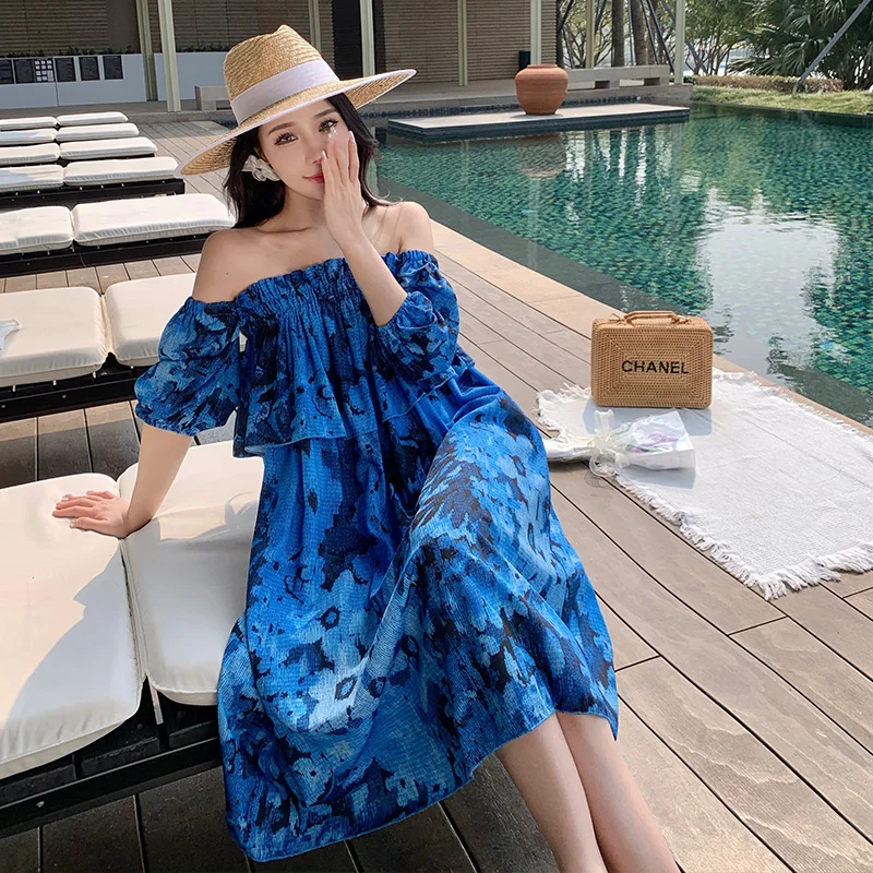 Summer Blue Off-Shoulder Dress Loose Fit Concealing Sanya Beach Vacation Beach Dress Fairy Thailand Travel Photo