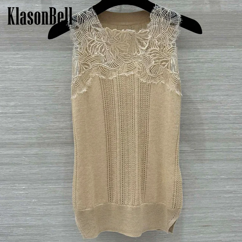 

7.25 KlasonBell Women's Solid Lace Embroidery Print Square Collar Sleeveless Vest Temperament Cashmere Knit Hem Split TankTop