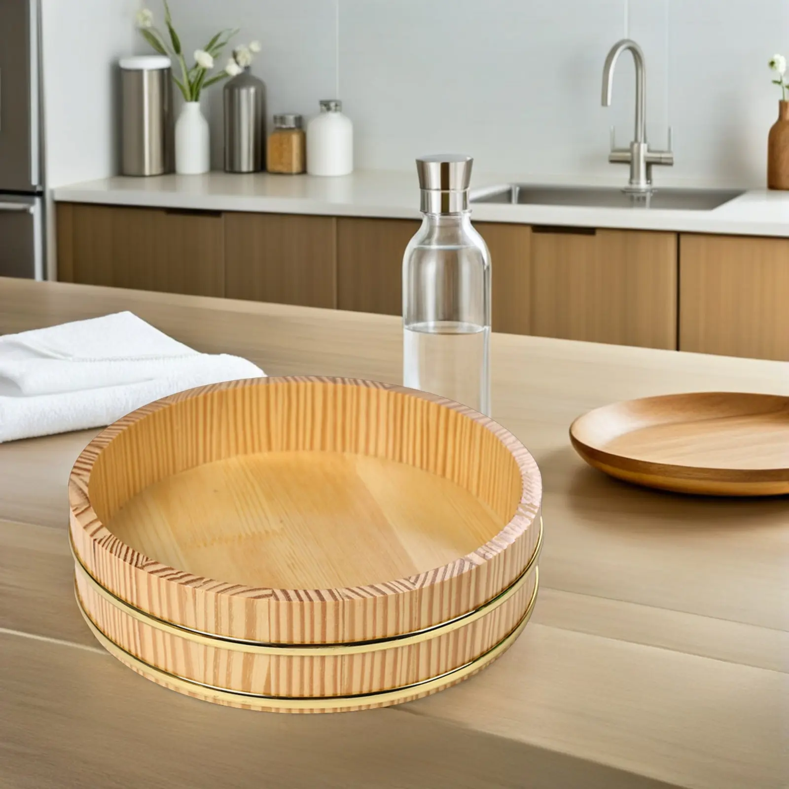 

Sushi Rice Mixing Tub Japanese Wooden Hangiri Bowl Elegant Gold Rim Design for Restaurant Home Sushi Making Sashimi Serving