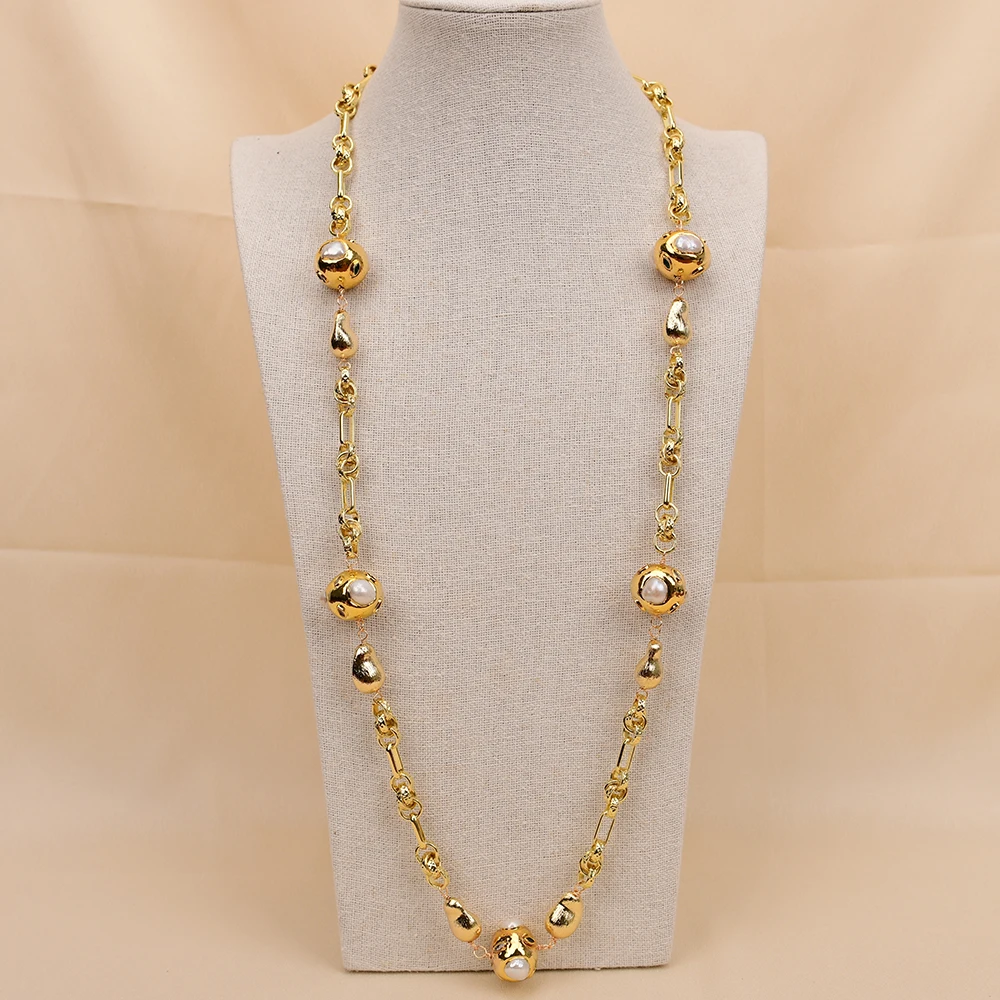 GG 35'' Natural White Keshi Pearl Mix Color CZ Zircon Paved Bezel Set Brushed Beads Gold Plated Chain Long Necklace