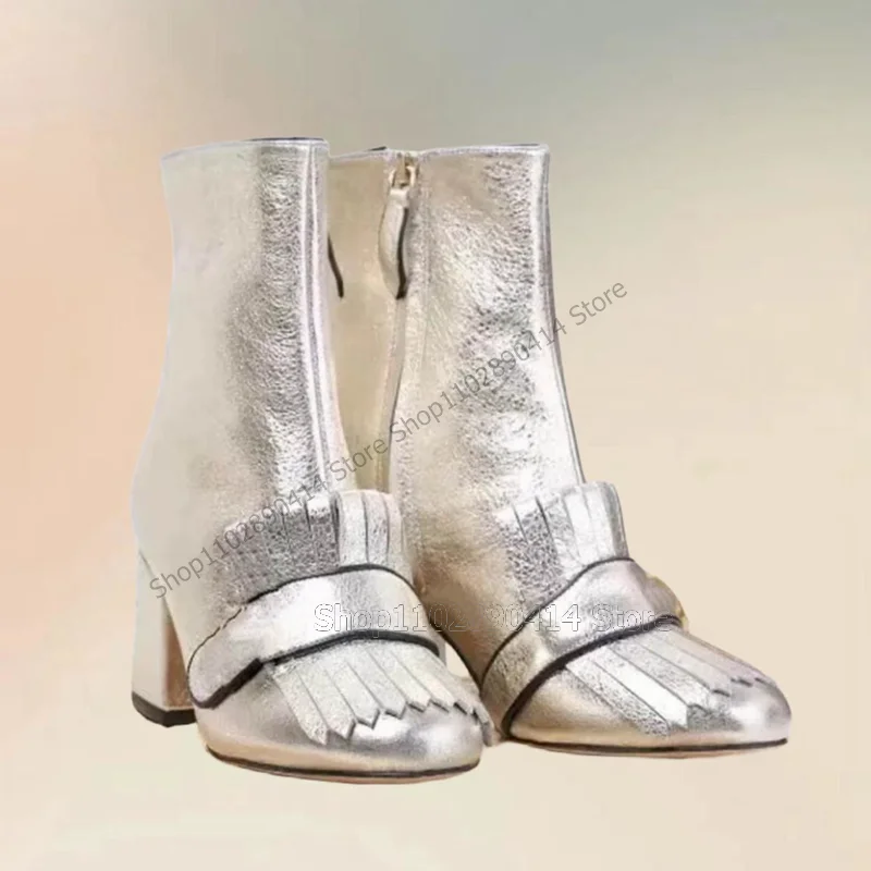 

Silver Glitter Crack Pattern Tassels Decor Boots Side Zipper Women Shoes Chunky High Heels Novel Party 2024 Zapatos Para Mujere