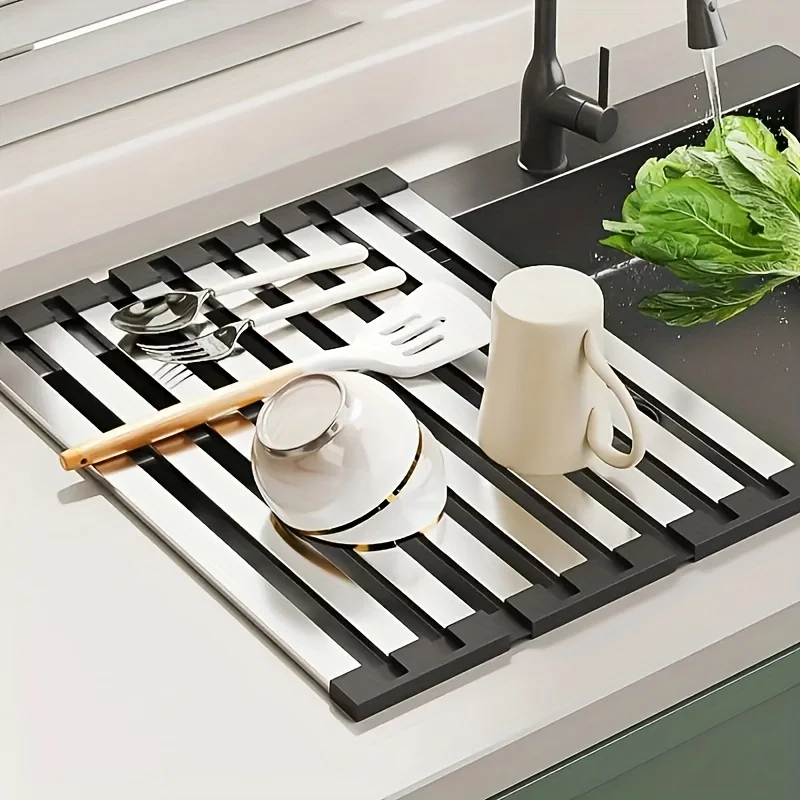 1PCS Foldable Stainless Steel Sink Drain Board – Rustproof Roll-Up Design, Controls Moisture, Ideal Drying Rack for Dishes