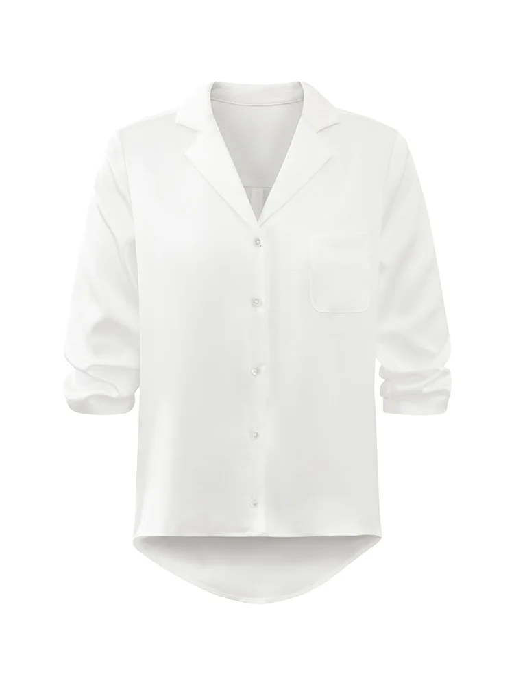 Elegant Satin Blouse for Women French Style White Shirt with Pocket Summer Office Wear Top for Slim and Chic Daily Commute Look