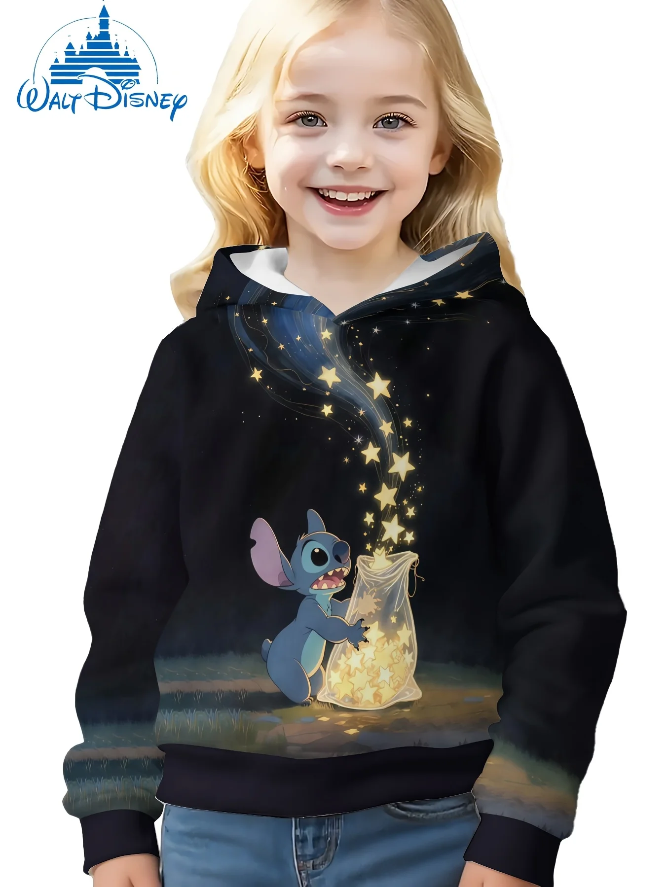

Black Disney hoodie with Stitch figure long-sleeved pullover casual clothing Birthday & Back-to-School Gift, girls' cartoon