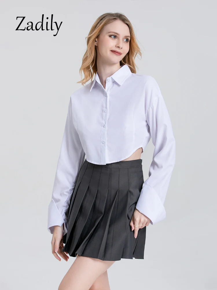 Women's Long Sleeve Button Up Minimalist Cotton Crop Shirt, Office Lady Tops, White Work Clothing, Korea Style, Summer, 2024