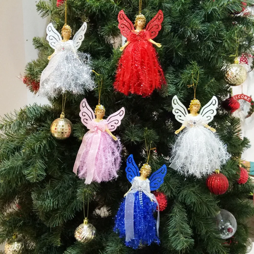 Glitter Christmas Angel Pendant with Shining Wings Gorgeous Dress Christmas Tree Topper Ornament Plastic Hanging Angel Navidad